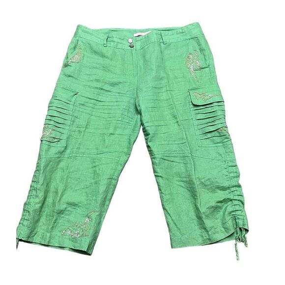 gianni bini Green Linen Embroidered Midnrise Wide Leg Cropped Pant Green 10 - Picture 1 of 10